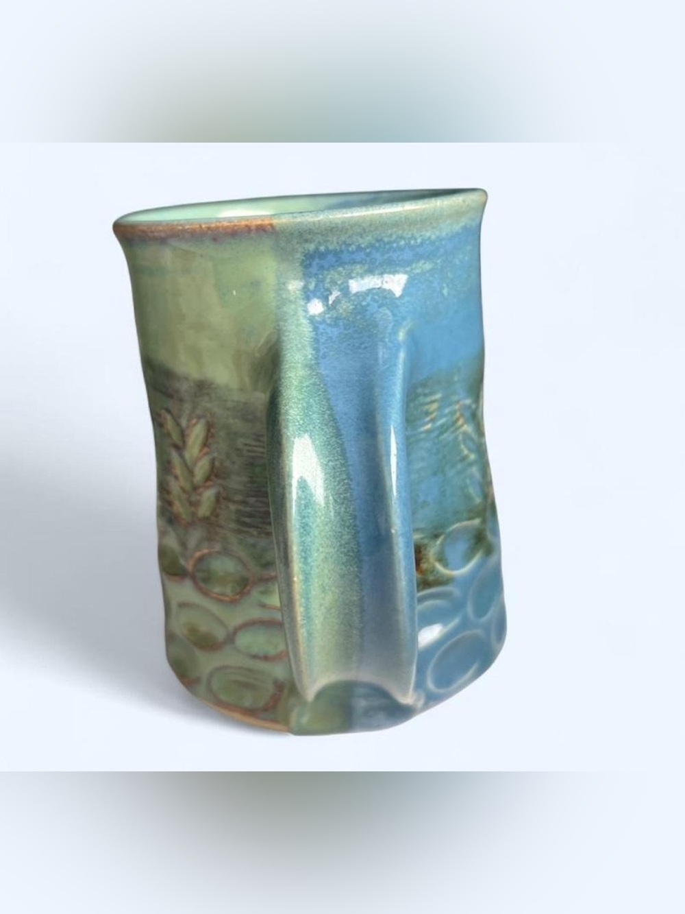 Signed Handmade Green Pottery Mug Leaf Motif Artisan Ceramic Coffee Cup - Picture 2 of 9
